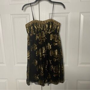 CACHE Silk Metallic Cocktail Prom Formal Black & Gold Mini Dress Sz 4